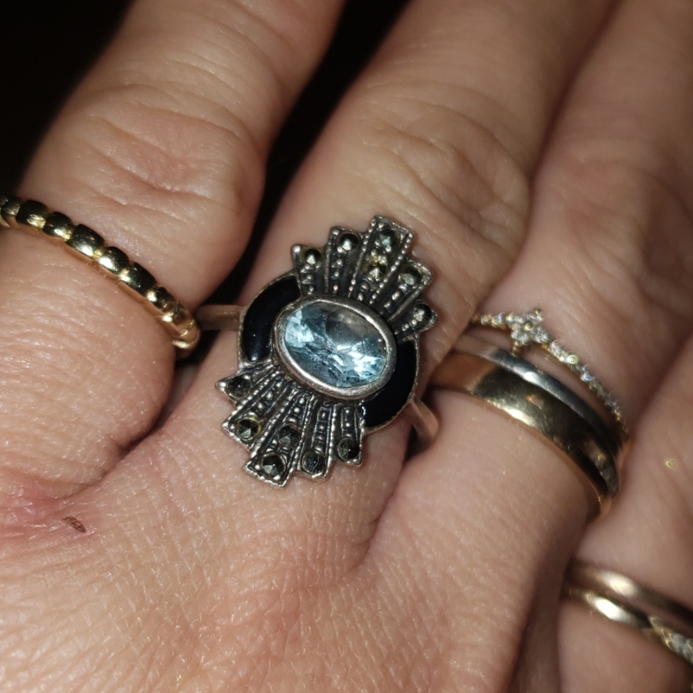 Aquamarine and Marcacite Sterling Silver Ring Size 7